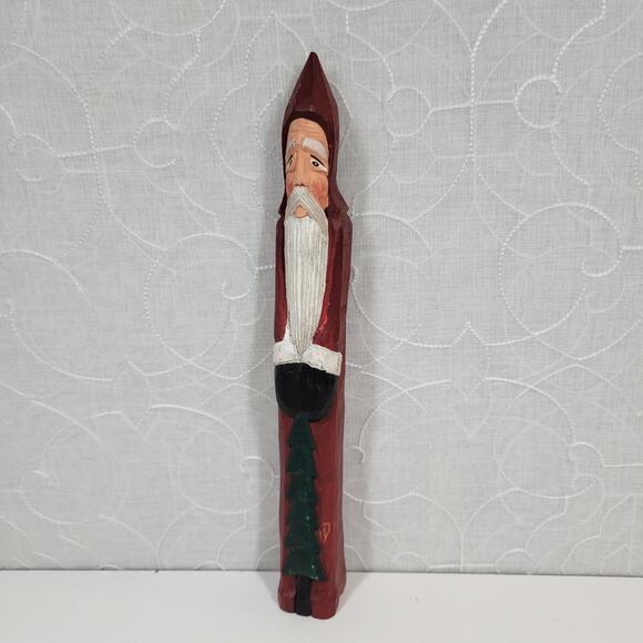 Vintage Folk Art Pencil Santa 13" Red Green Christmas Tree Carved Wood 1975 - Picture 3 of 16